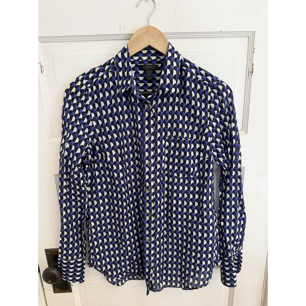 J. Crew‎ Blue Geometric Print Collared Button Down Cotton Silk Blend Pocket Sz 2